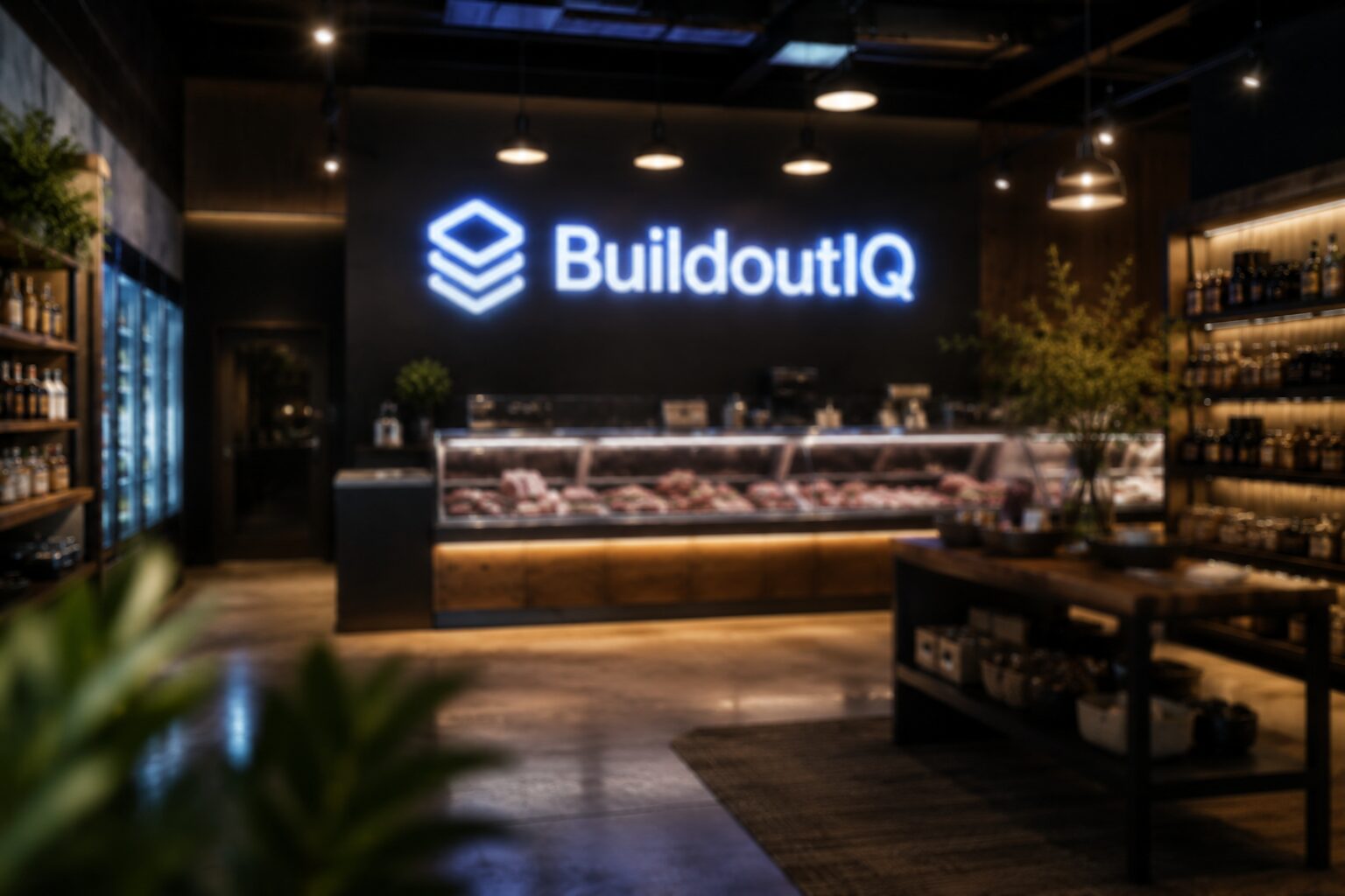BuildoutIQ-branded commercial buildout storefront interior with an illuminated logo sign, custom shelving, and a refrigerated display case